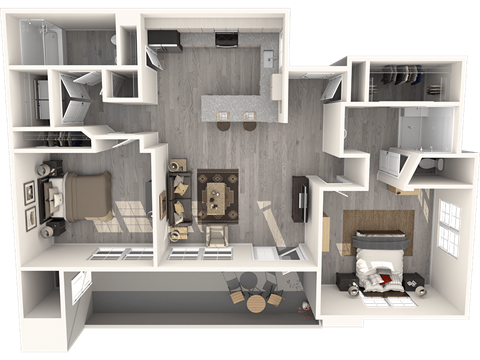 Floor plan for 2 beds, 2 baths, 987 sqft